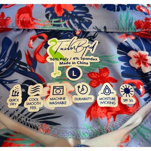 Mens Tailor Byrd Tropical Flamingo Print Blue/Red Wicking SPF 30 Polo Shirt - L - Picture 3 of 6